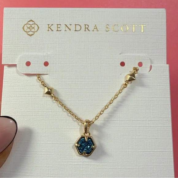 Kendra Scott Gold Necklace with blue Hexagon Pendant - Picture 2 of 5